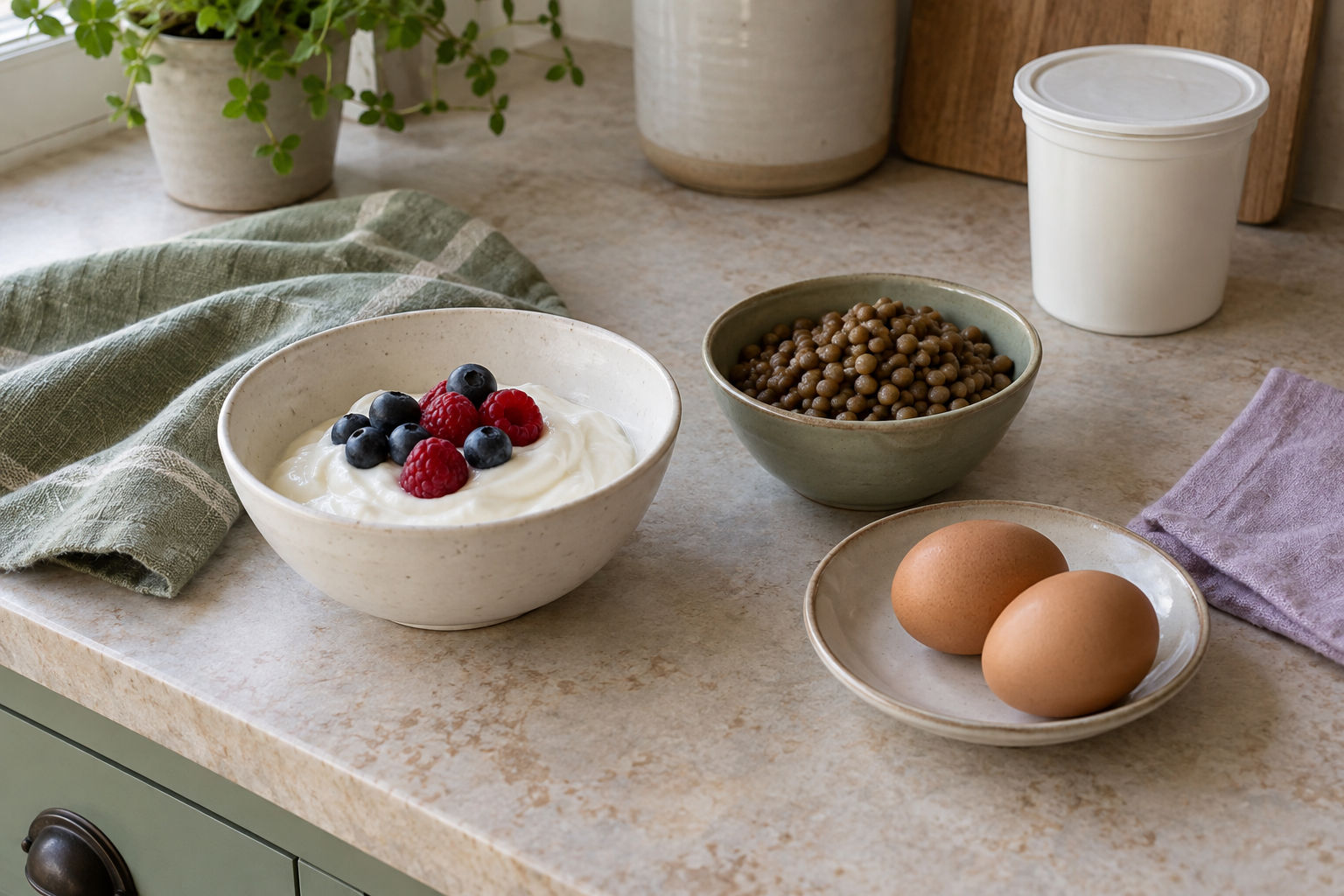 Yogurt with berries, lentils and two eggs on a kitchen counter with sage and lavender linens.
